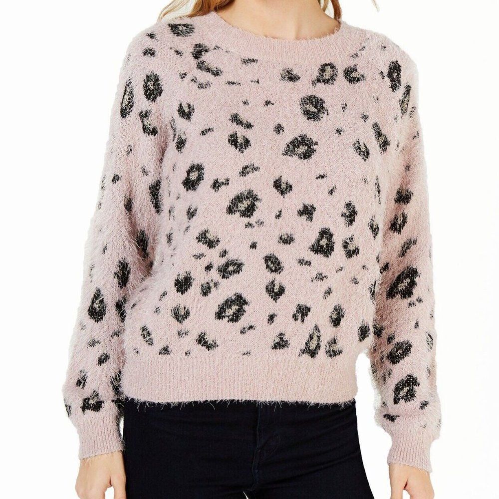 Candie's Eyelash Mock Neck Pullover Crewneck Leopard Print Sweater Womens Medium